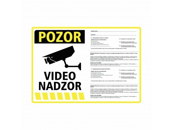 Nalepka "VIDEONADZOR" A5(190x133) rumena + 77. in 78. člen ZVOP-2