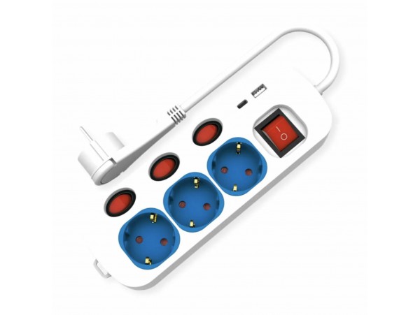 Roline razdelilec  3x220V s stikali 2xUSB TipA-C 1,5m 19.07.2344-20