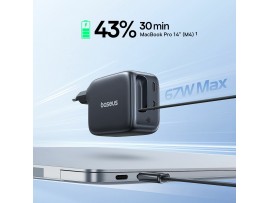 Baseus polnilec 65W USB TipC GaN QC PD s kablom črn E0121E00