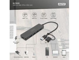 Digitus hub USB 3.0 4xA + TipC slim črn DA-70235